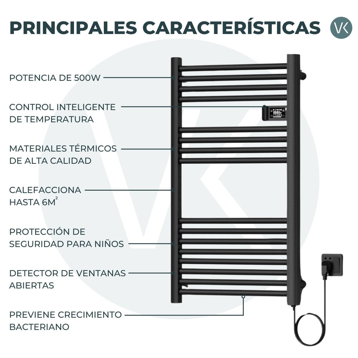 Calefactor Secador de Toallas Programable 500 w Mural 88x54 cm Vesubio Negro