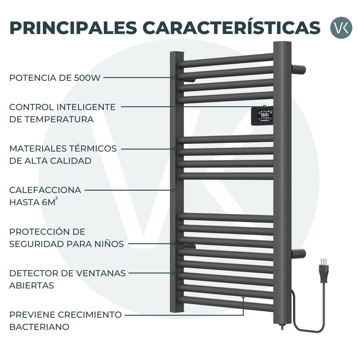 Calefactor Secador de Toallas Programable 500 w Mural 88x54 cm Vesubio Gris Grafito